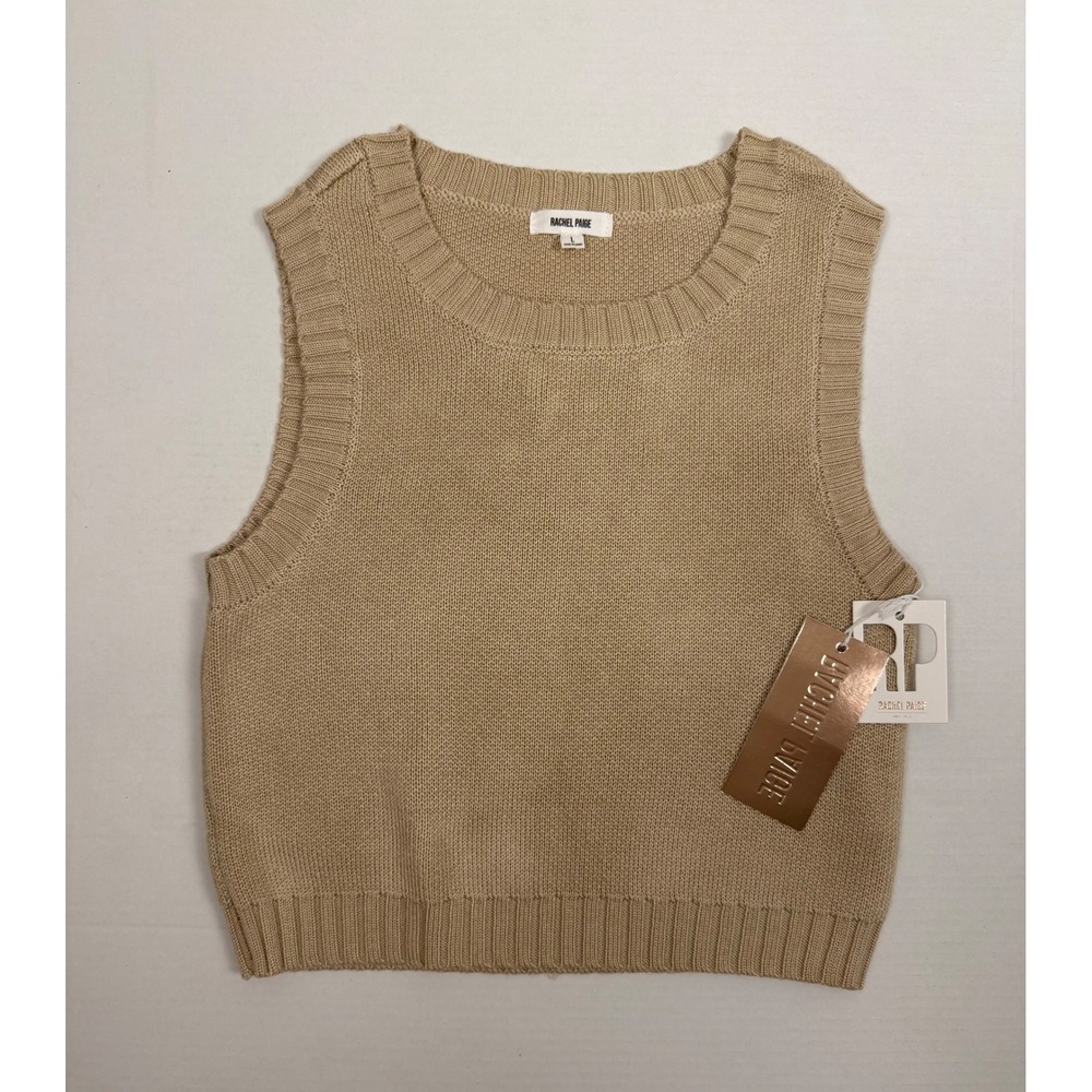 Rachel Paige Sweater Vest Women Large Tan New Ribbed Crew Neck Knit Top